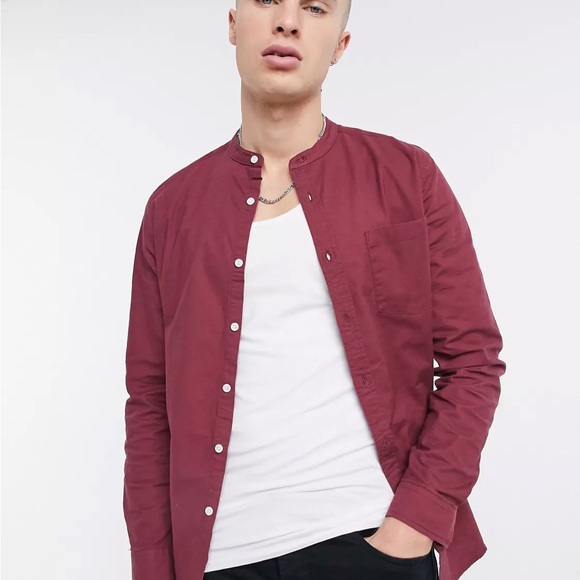 Button down skinny fit shirt with grandad collar in burgundy - Picture 1 of 4
